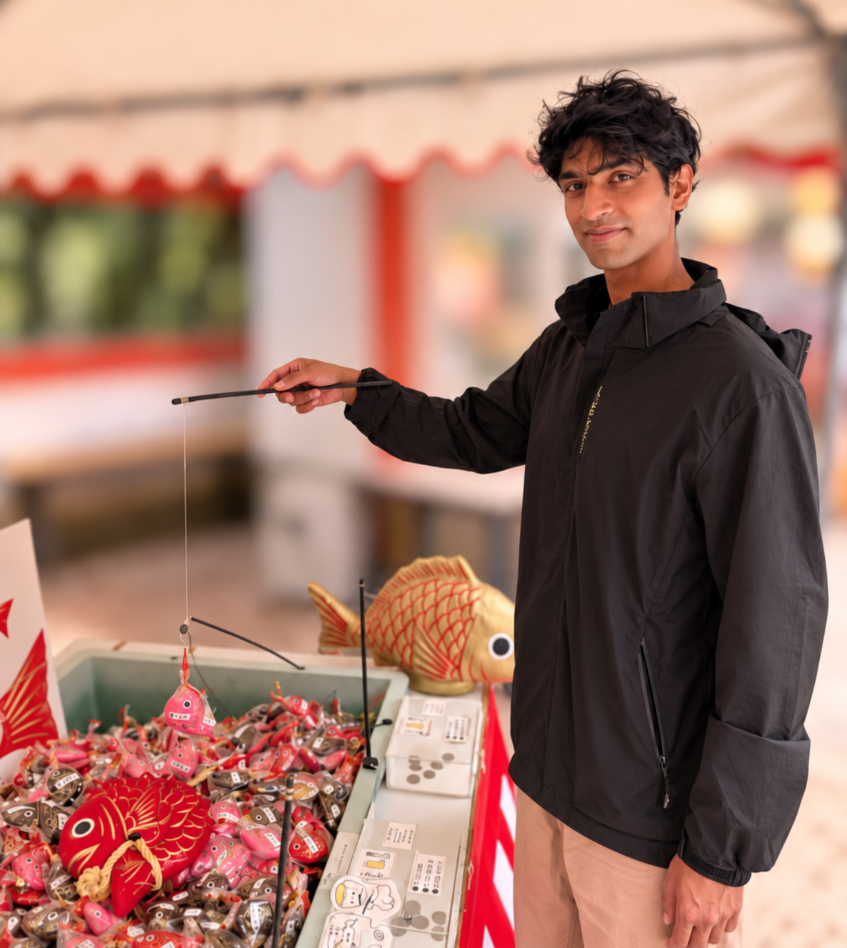 Jai fishing for a small fish-shaped charm at a stall in Japan