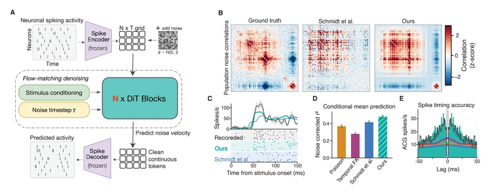 SpikeDiT flow-matching architecture beside comparisons of population correlations, generated activity, mean responses, and spike timing.